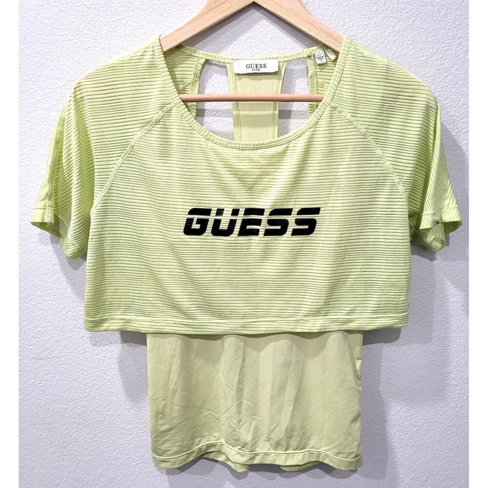Guess Womens Lime Green Cropped Sheer Layered Cut Out Back Athletic Top Size S